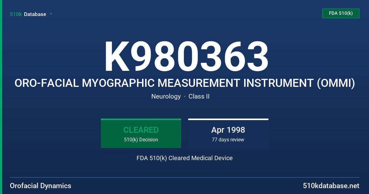 K980363 ORO-FACIAL MYOGRAPHIC MEASUREMENT INSTRUMENT (OMMI) FDA 510(k) Cleared Medical Device