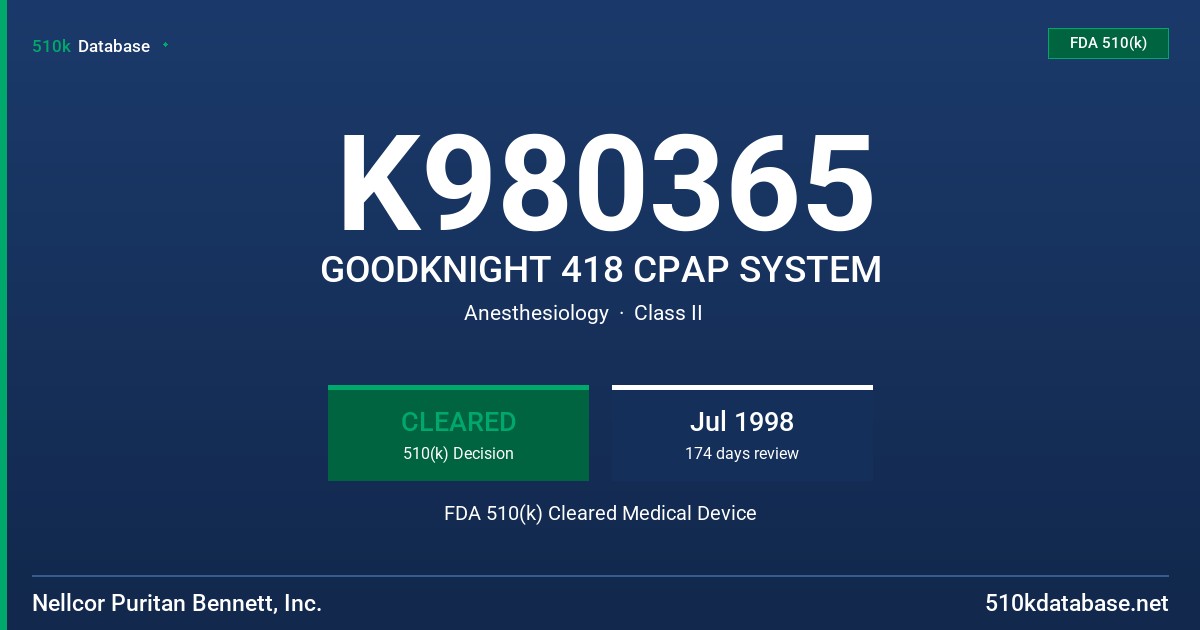 K980365 GOODKNIGHT 418 CPAP SYSTEM FDA 510(k) Cleared Medical Device