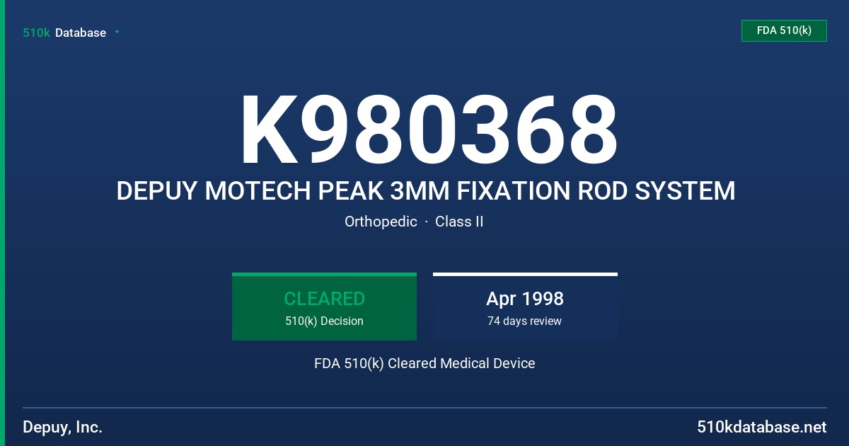 K980368 DEPUY MOTECH PEAK 3MM FIXATION ROD SYSTEM FDA 510(k) Cleared Medical Device