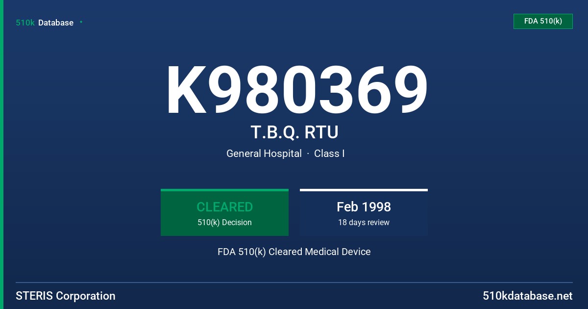 K980369 T.B.Q. RTU FDA 510(k) Cleared Medical Device
