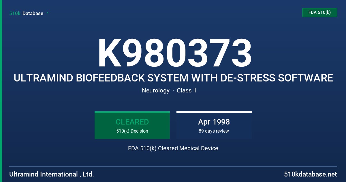 K980373 ULTRAMIND BIOFEEDBACK SYSTEM WITH DE-STRESS SOFTWARE FDA 510(k) Cleared Medical Device