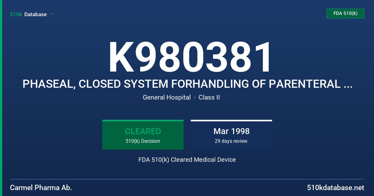 K980381 PHASEAL, CLOSED SYSTEM FORHANDLING OF PARENTERAL DRUGS, ADDITIONAL ADMINISTRATION DEVICES. C80 INFUSION ADAPTER, A10 PRO FDA 510(k) Cleared Medical Device