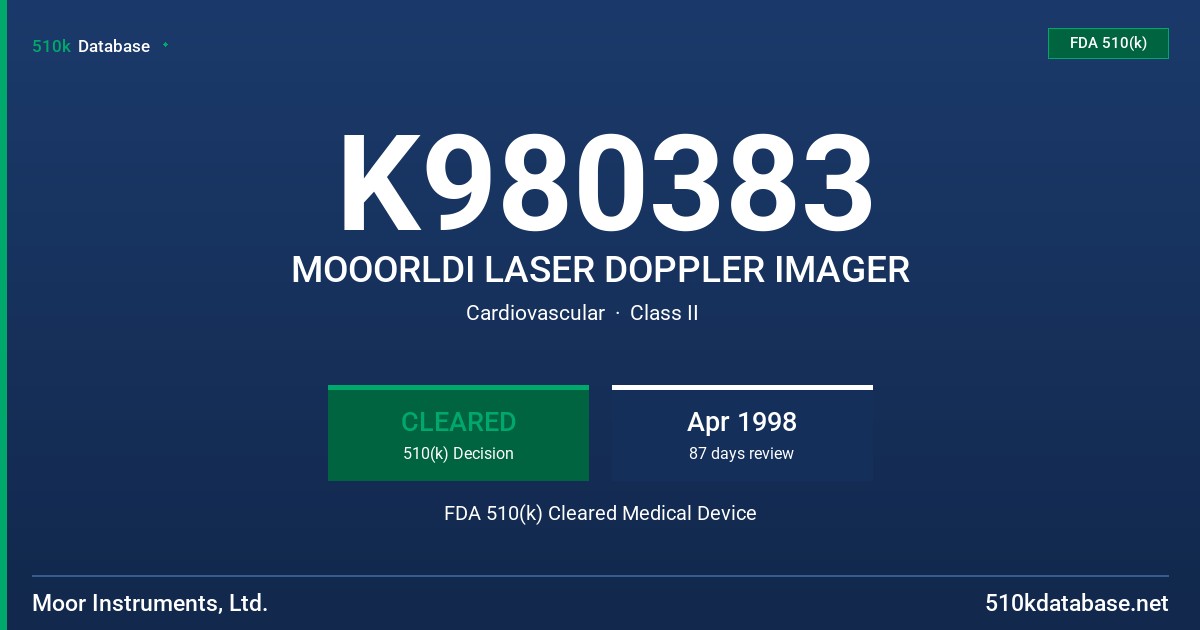 K980383 MOOORLDI LASER DOPPLER IMAGER FDA 510(k) Cleared Medical Device