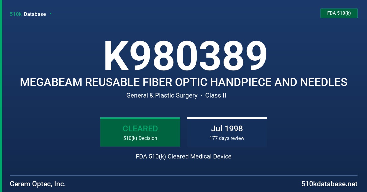 K980389 MEGABEAM REUSABLE FIBER OPTIC HANDPIECE AND NEEDLES FDA 510(k) Cleared Medical Device
