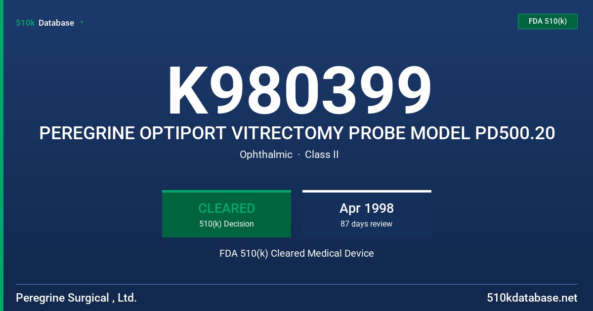 K980399 PEREGRINE OPTIPORT VITRECTOMY PROBE MODEL PD500.20 FDA 510(k) Cleared Medical Device