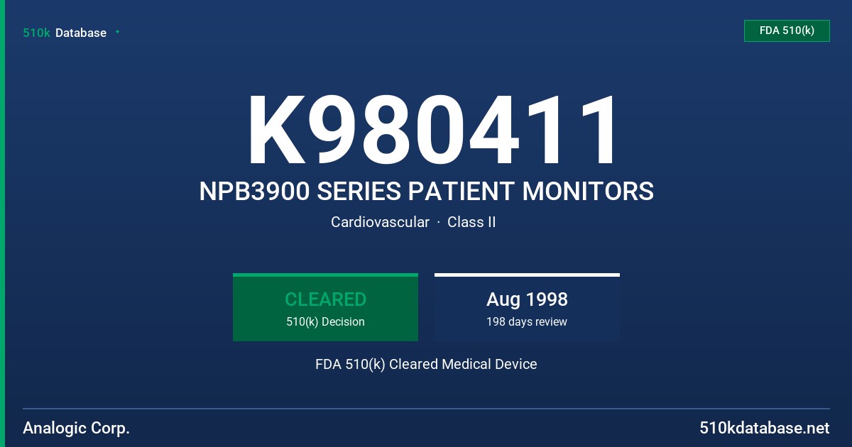 K980411 NPB3900 SERIES PATIENT MONITORS FDA 510(k) Cleared Medical Device