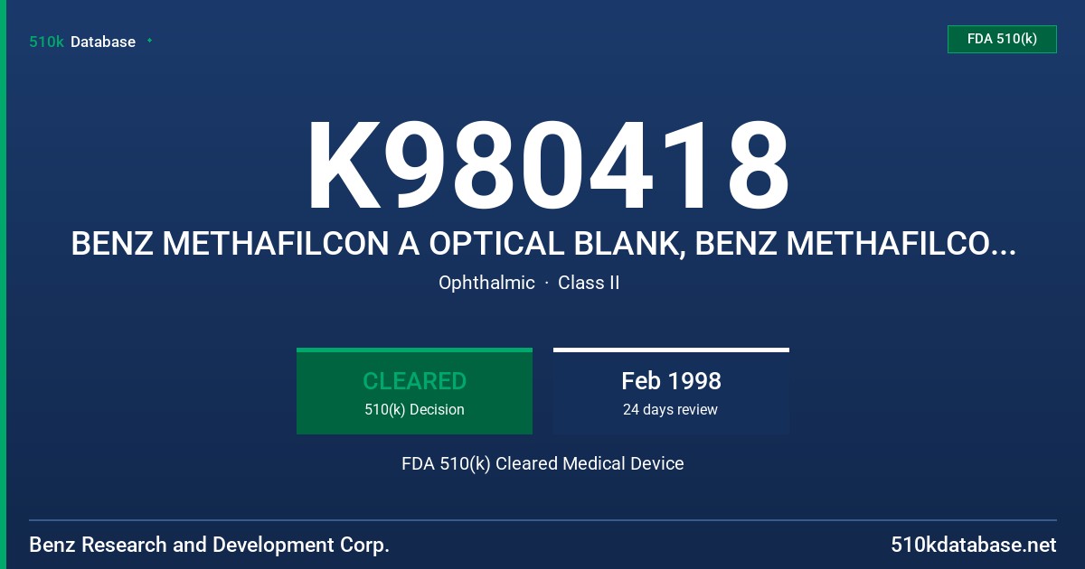 K980418 BENZ METHAFILCON A OPTICAL BLANK, BENZ METHAFILCON A SPHERICAL AND TORIC SOFT (HYDROPHILIC) CONTACT LENSES FOR DAILY WER FDA 510(k) Cleared Medical Device