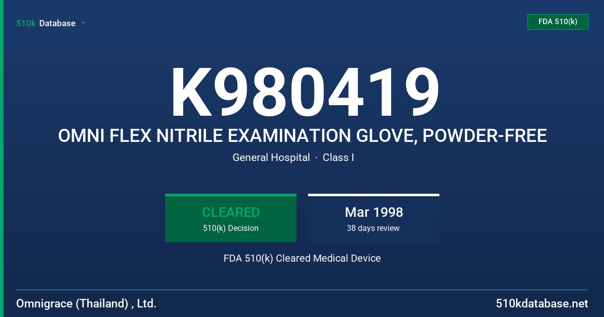 K980419 OMNI FLEX NITRILE EXAMINATION GLOVE, POWDER-FREE FDA 510(k) Cleared Medical Device