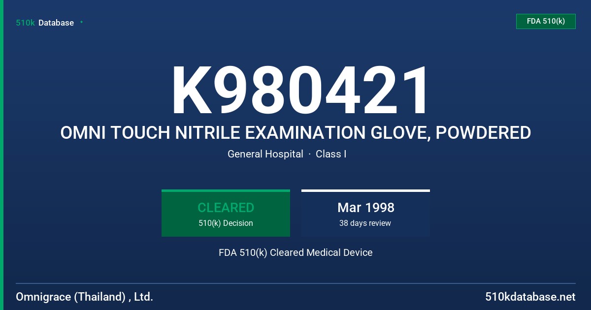 K980421 OMNI TOUCH NITRILE EXAMINATION GLOVE, POWDERED FDA 510(k) Cleared Medical Device