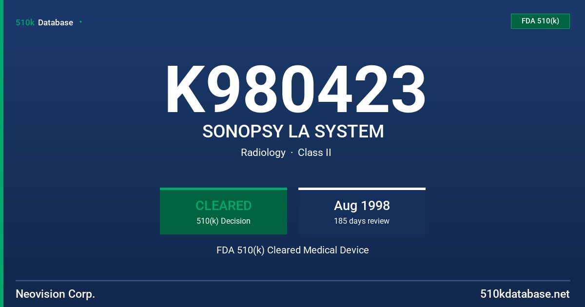 K980423 SONOPSY LA SYSTEM FDA 510(k) Cleared Medical Device
