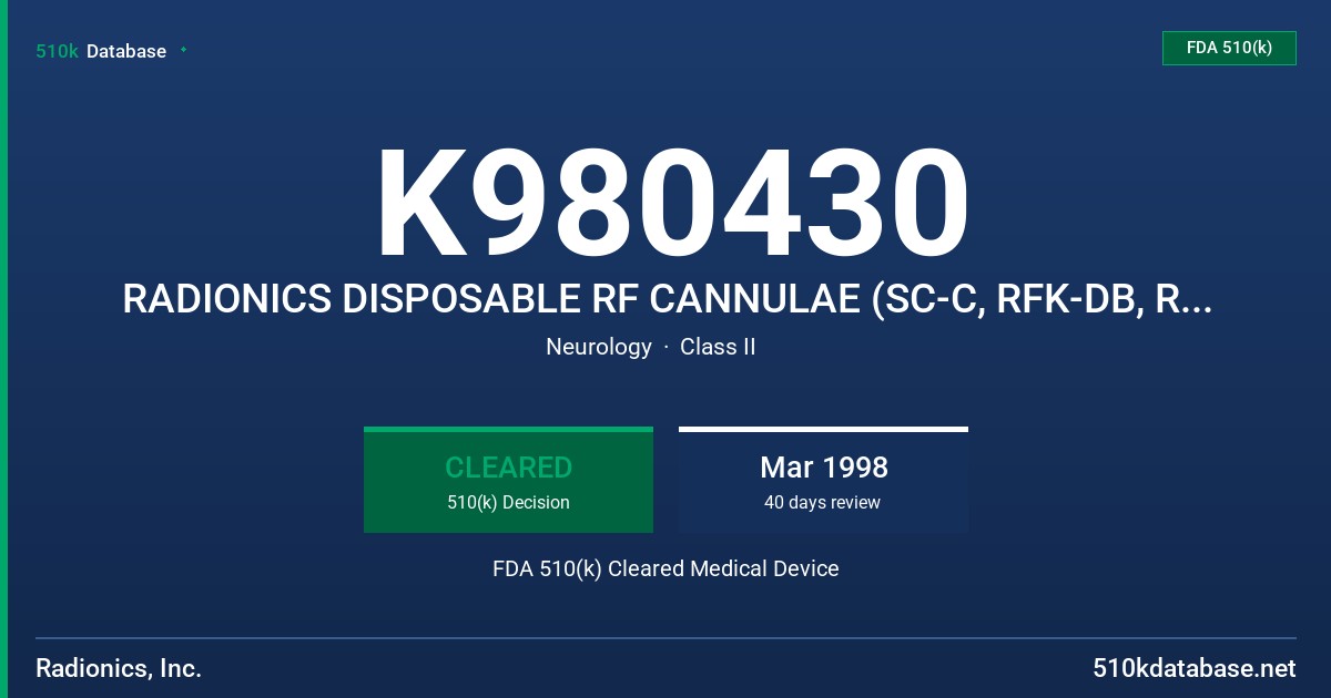 K980430 RADIONICS DISPOSABLE RF CANNULAE (SC-C, RFK-DB, RFK-DS) FDA 510(k) Cleared Medical Device