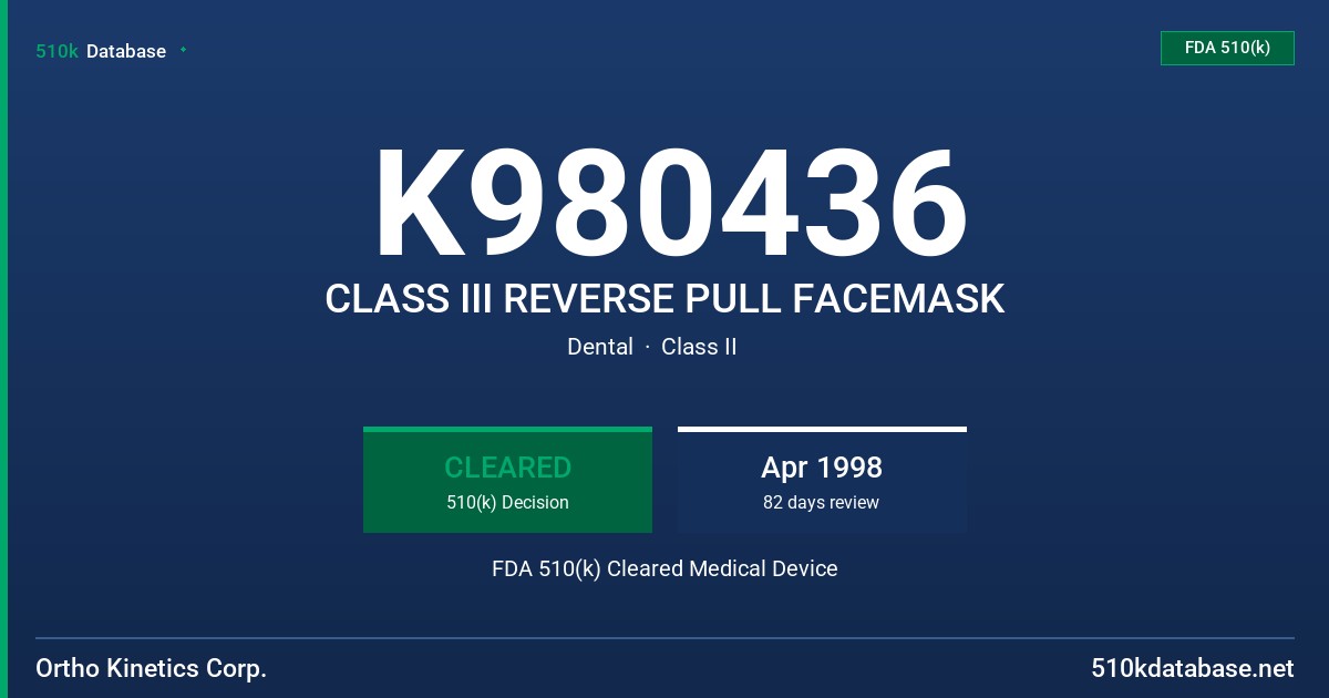 K980436 CLASS III REVERSE PULL FACEMASK FDA 510(k) Cleared Medical Device