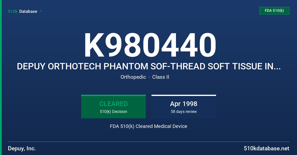 K980440 DEPUY ORTHOTECH PHANTOM SOF-THREAD SOFT TISSUE INTERFERENCE SCREW FDA 510(k) Cleared Medical Device
