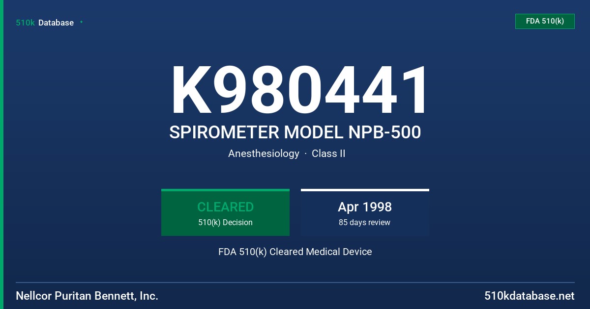 K980441 SPIROMETER MODEL NPB-500 FDA 510(k) Cleared Medical Device