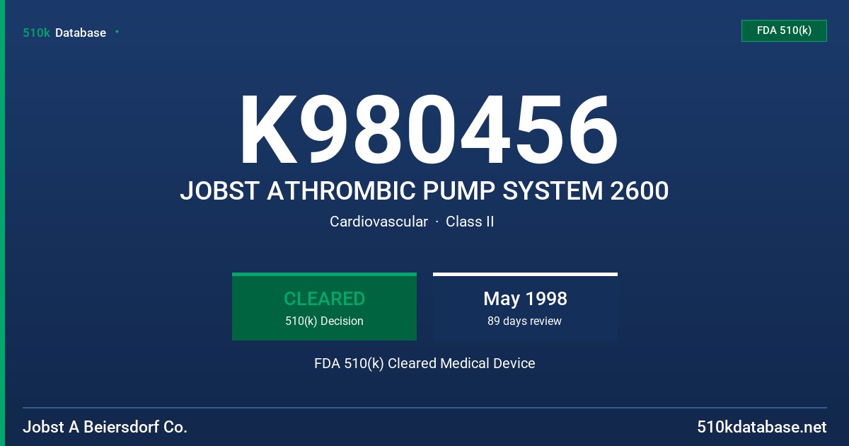 K980456 JOBST ATHROMBIC PUMP SYSTEM 2600 FDA 510(k) Cleared Medical Device