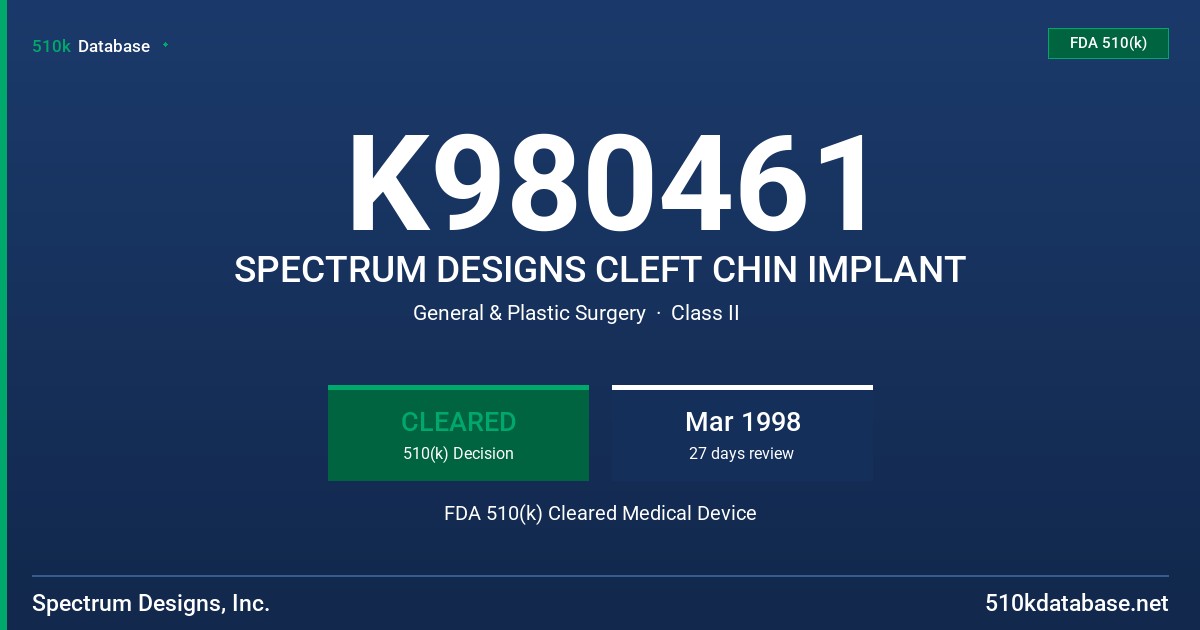 K980461 SPECTRUM DESIGNS CLEFT CHIN IMPLANT FDA 510(k) Cleared Medical Device