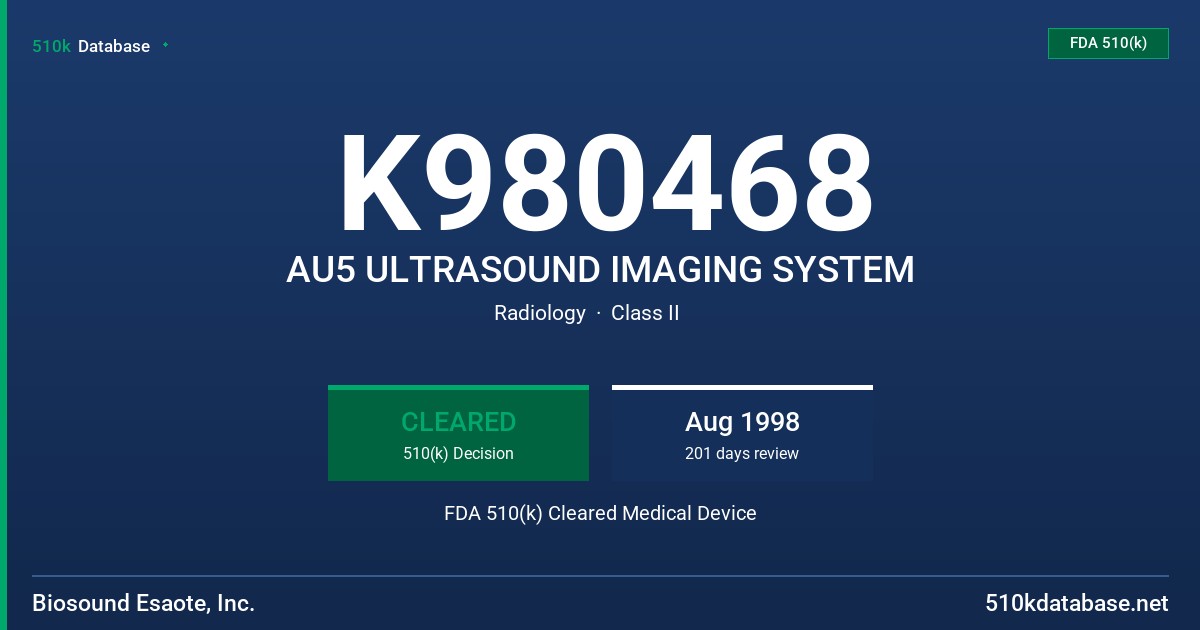 K980468 AU5 ULTRASOUND IMAGING SYSTEM FDA 510(k) Cleared Medical Device