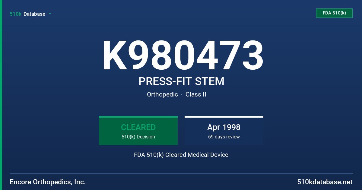 K980473 PRESS-FIT STEM FDA 510(k) Cleared Medical Device