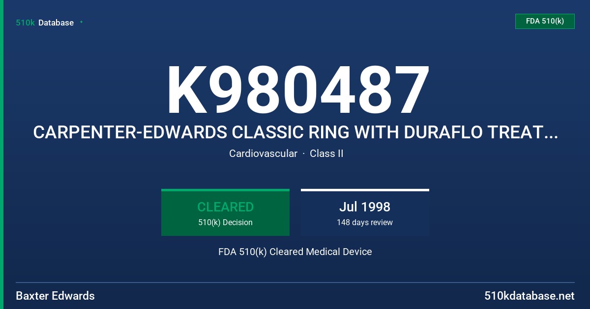 K980487 CARPENTER-EDWARDS CLASSIC RING WITH DURAFLO TREATMENT MODELS 4425 (MITRAL) AND 4525 (TRICUSPID), CARPENTER-EDWARDS PHYSM FDA 510(k) Cleared Medical Device