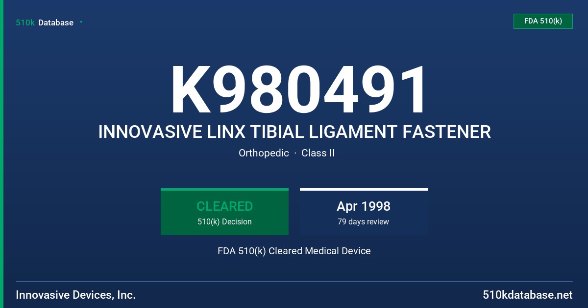 K980491 INNOVASIVE LINX TIBIAL LIGAMENT FASTENER FDA 510(k) Cleared Medical Device