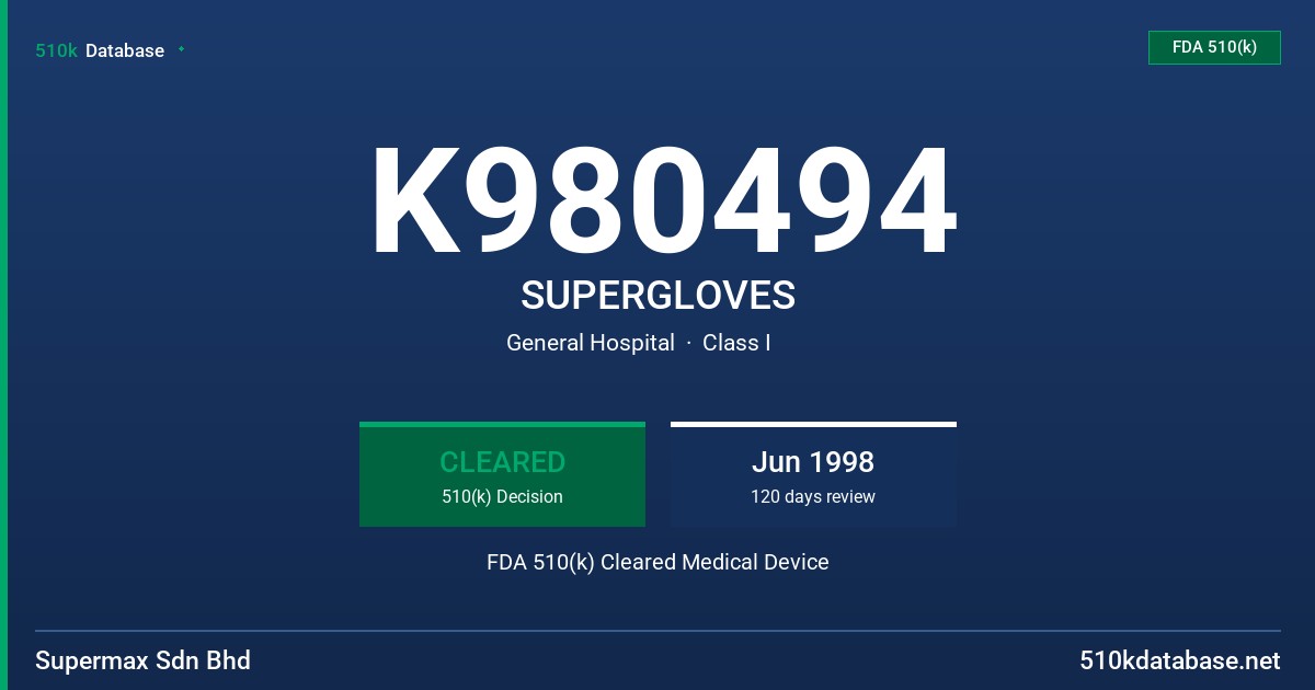 K980494 SUPERGLOVES FDA 510(k) Cleared Medical Device