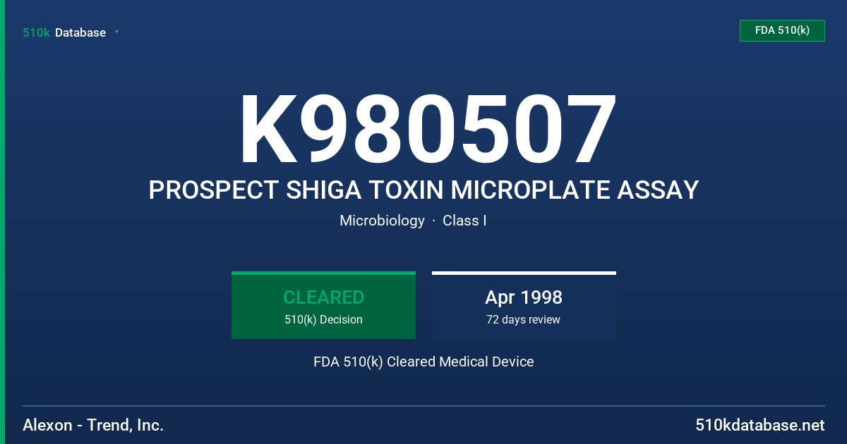 K980507 PROSPECT SHIGA TOXIN MICROPLATE ASSAY FDA 510(k) Cleared Medical Device
