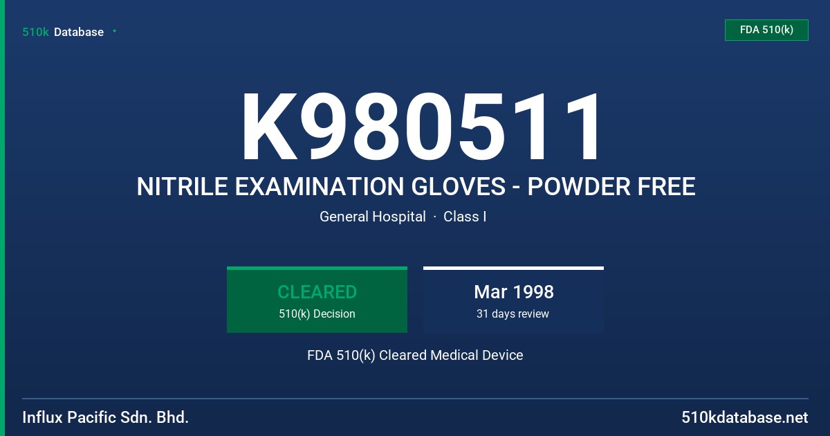 K980511 NITRILE EXAMINATION GLOVES - POWDER FREE FDA 510(k) Cleared Medical Device