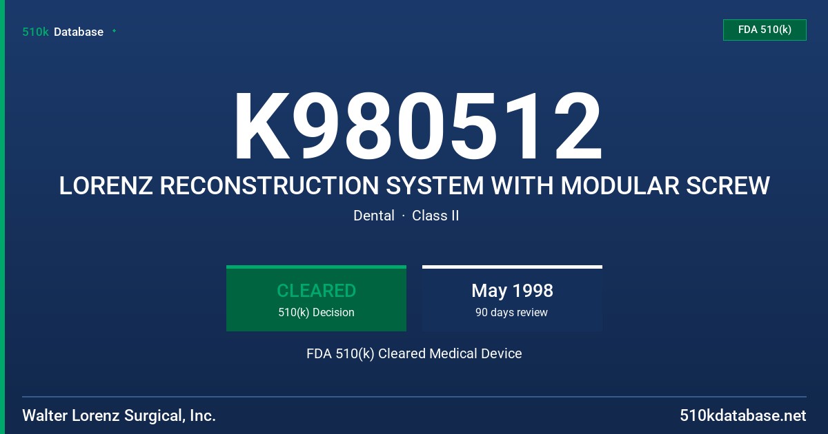 K980512 LORENZ RECONSTRUCTION SYSTEM WITH MODULAR SCREW FDA 510(k) Cleared Medical Device
