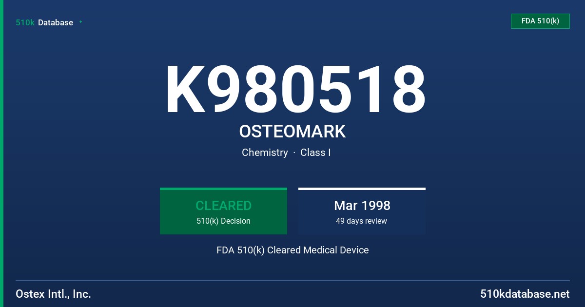 K980518 OSTEOMARK FDA 510(k) Cleared Medical Device