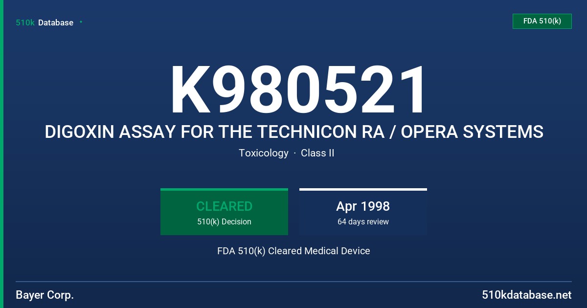 K980521 DIGOXIN ASSAY FOR THE TECHNICON RA / OPERA SYSTEMS FDA 510(k) Cleared Medical Device