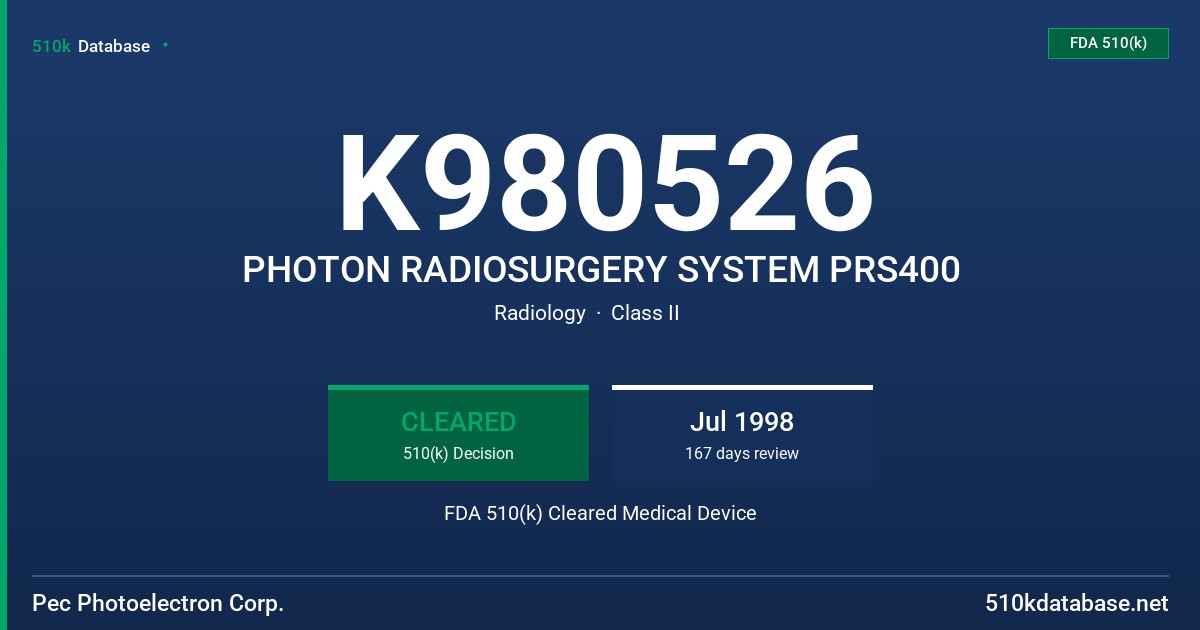 K980526 PHOTON RADIOSURGERY SYSTEM PRS400 FDA 510(k) Cleared Medical Device