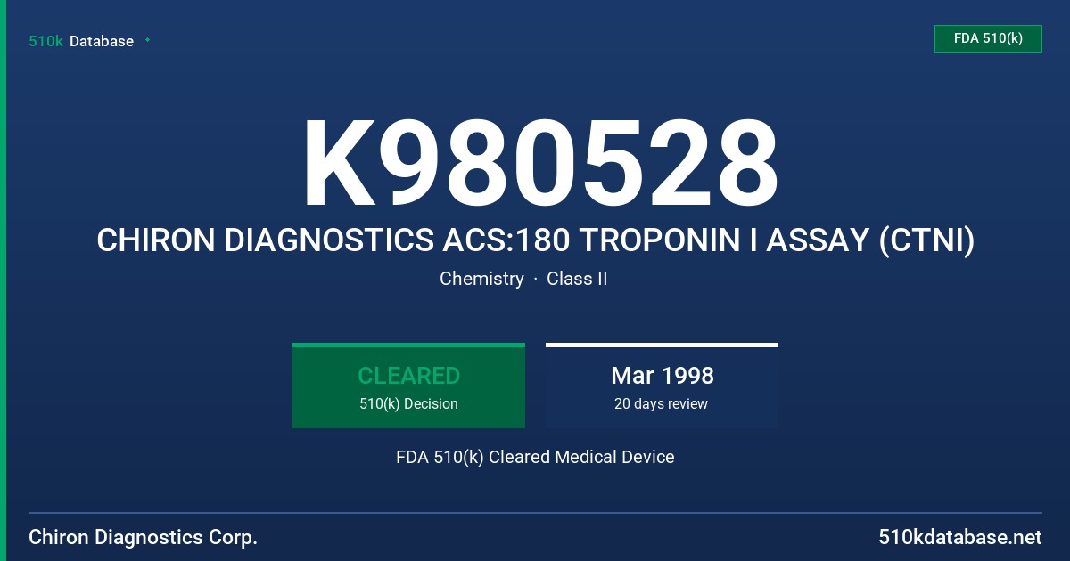 K980528 CHIRON DIAGNOSTICS ACS:180 TROPONIN I ASSAY (CTNI) FDA 510(k) Cleared Medical Device