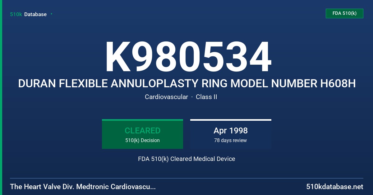 K980534 DURAN FLEXIBLE ANNULOPLASTY RING MODEL NUMBER H608H FDA 510(k) Cleared Medical Device