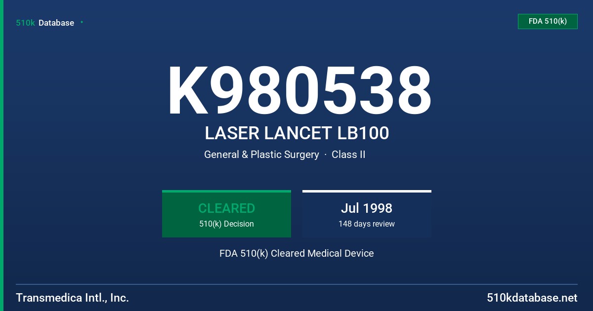 K980538 LASER LANCET LB100 FDA 510(k) Cleared Medical Device
