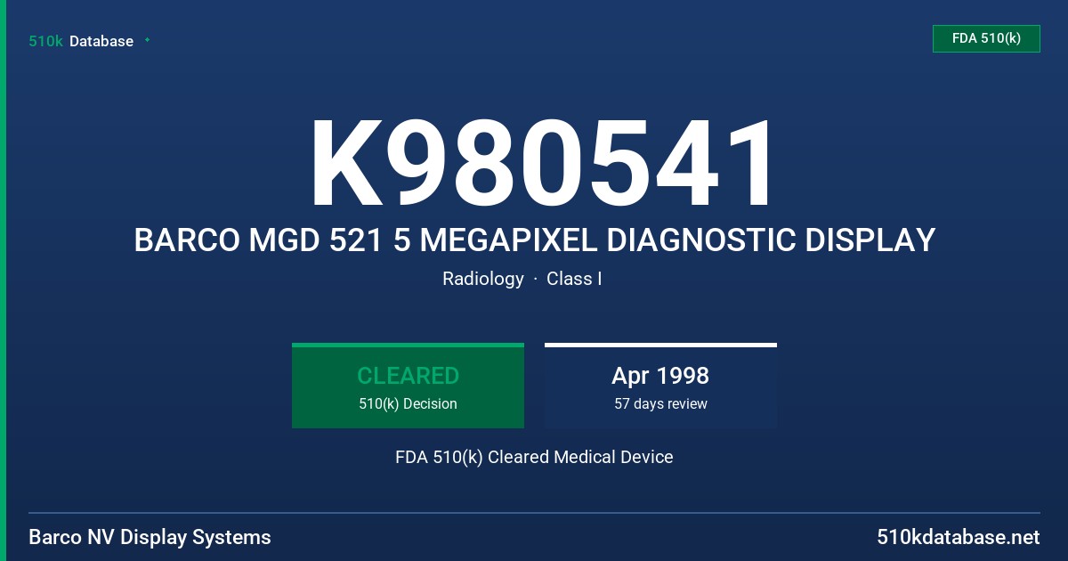 K980541 BARCO MGD 521 5 MEGAPIXEL DIAGNOSTIC DISPLAY FDA 510(k) Cleared Medical Device