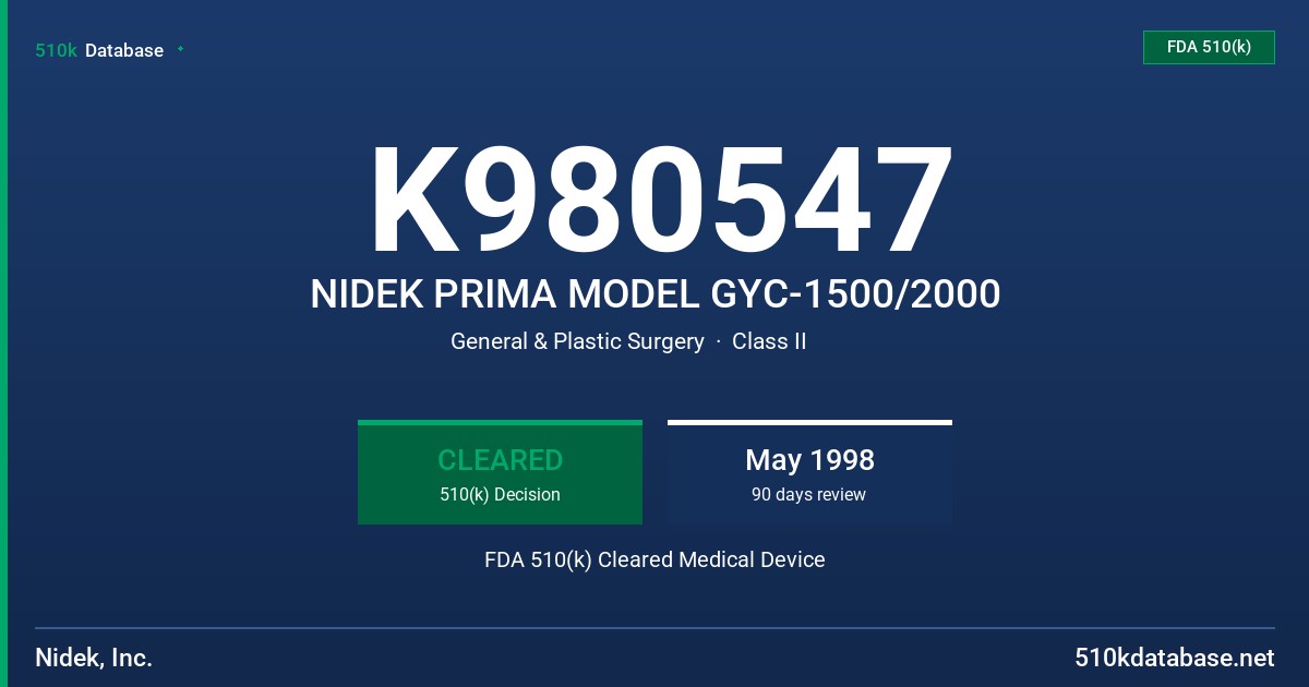 K980547 NIDEK PRIMA MODEL GYC-1500/2000 FDA 510(k) Cleared Medical Device