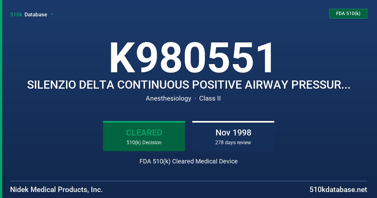 K980551 SILENZIO DELTA CONTINUOUS POSITIVE AIRWAY PRESSURE SYSTEM FDA 510(k) Cleared Medical Device