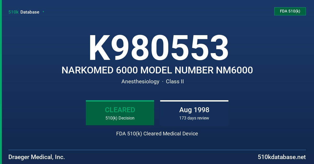 K980553 NARKOMED 6000 MODEL NUMBER NM6000 FDA 510(k) Cleared Medical Device