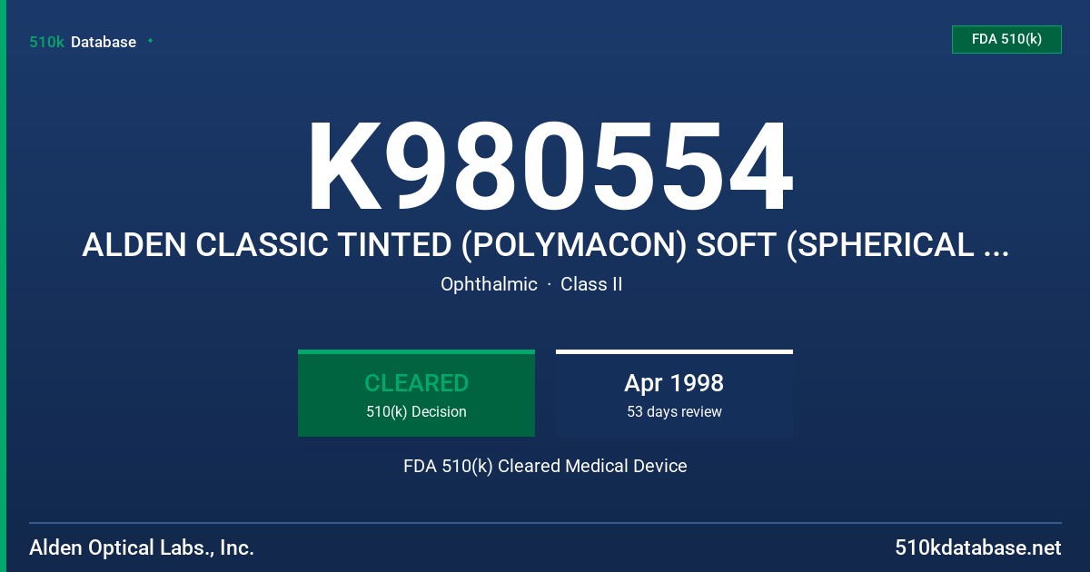 K980554 ALDEN CLASSIC TINTED (POLYMACON) SOFT (SPHERICAL & TORIC) DAILY WEAR CONTACT LENS, TINTED (TRANSPARENT/ENHANCING) FDA 510(k) Cleared Medical Device