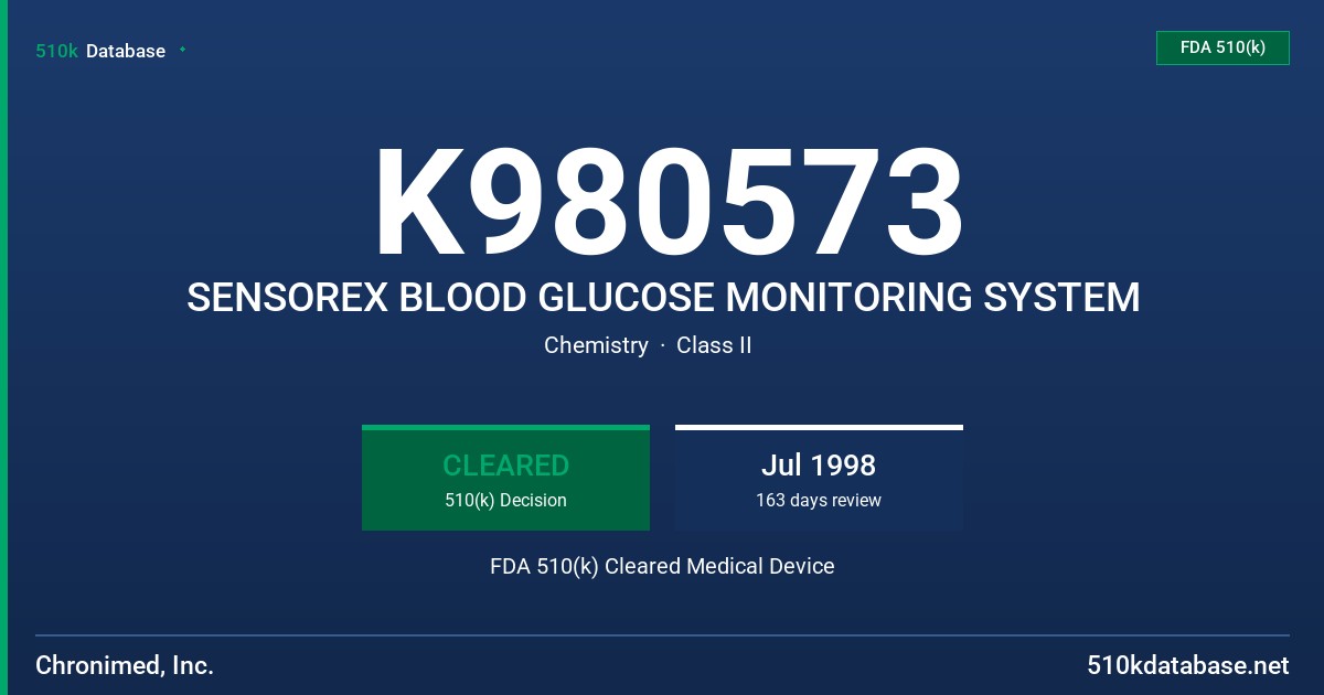 K980573 SENSOREX BLOOD GLUCOSE MONITORING SYSTEM FDA 510(k) Cleared Medical Device