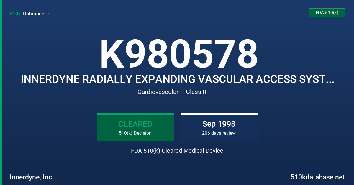 K980578 INNERDYNE RADIALLY EXPANDING VASCULAR ACCESS SYSTEM (HEPARIN COATED) FDA 510(k) Cleared Medical Device