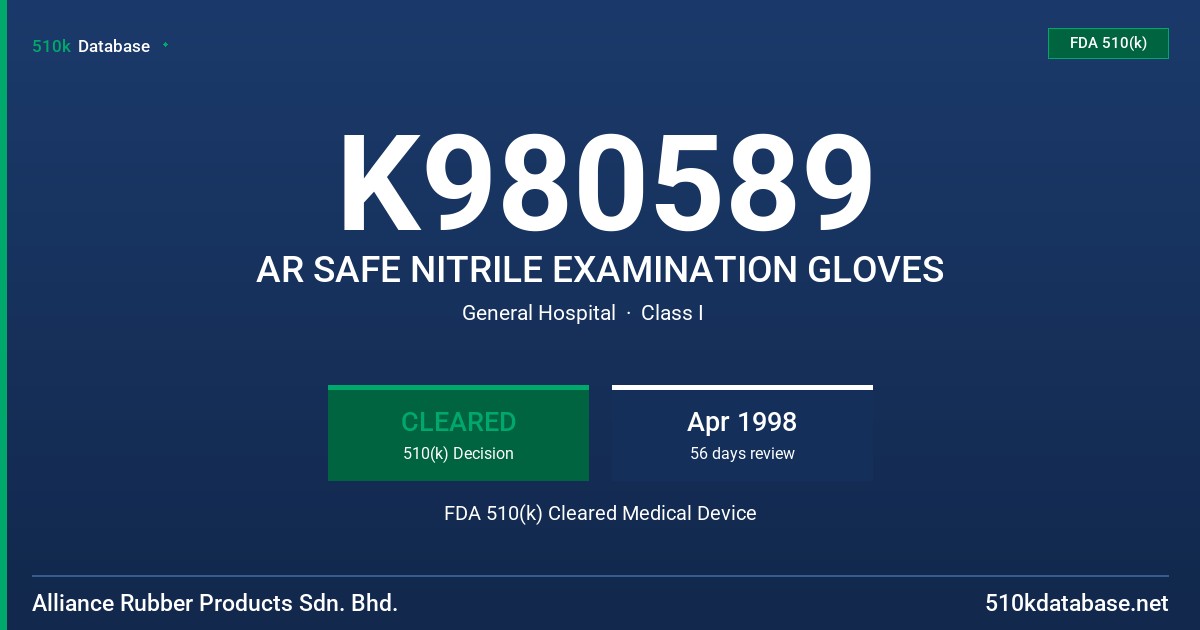 K980589 AR SAFE NITRILE EXAMINATION GLOVES FDA 510(k) Cleared Medical Device