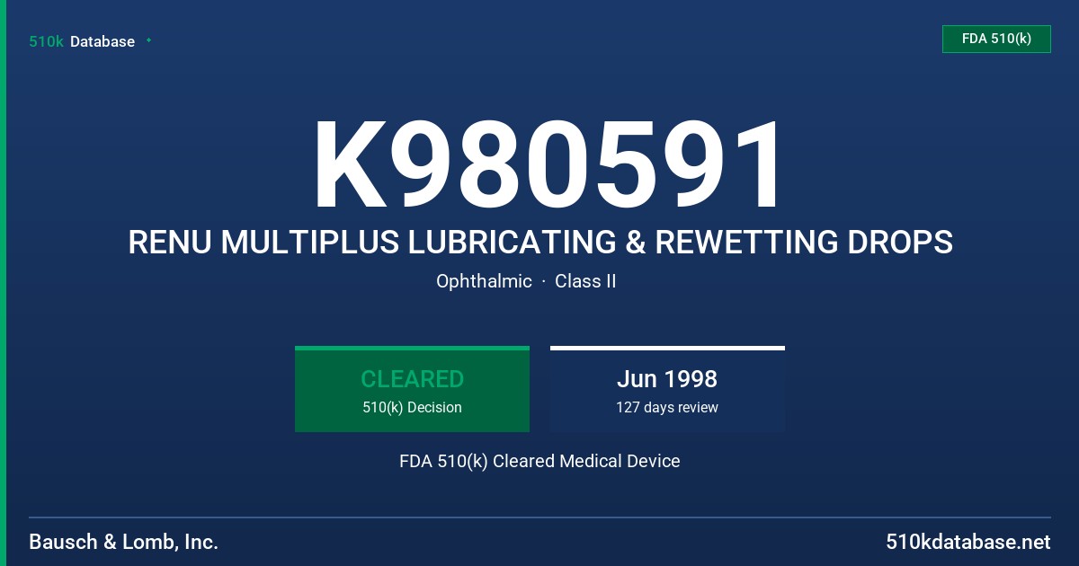 K980591 RENU MULTIPLUS LUBRICATING & REWETTING DROPS FDA 510(k) Cleared Medical Device
