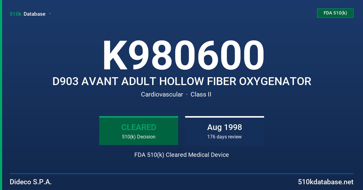K980600 D903 AVANT ADULT HOLLOW FIBER OXYGENATOR FDA 510(k) Cleared Medical Device