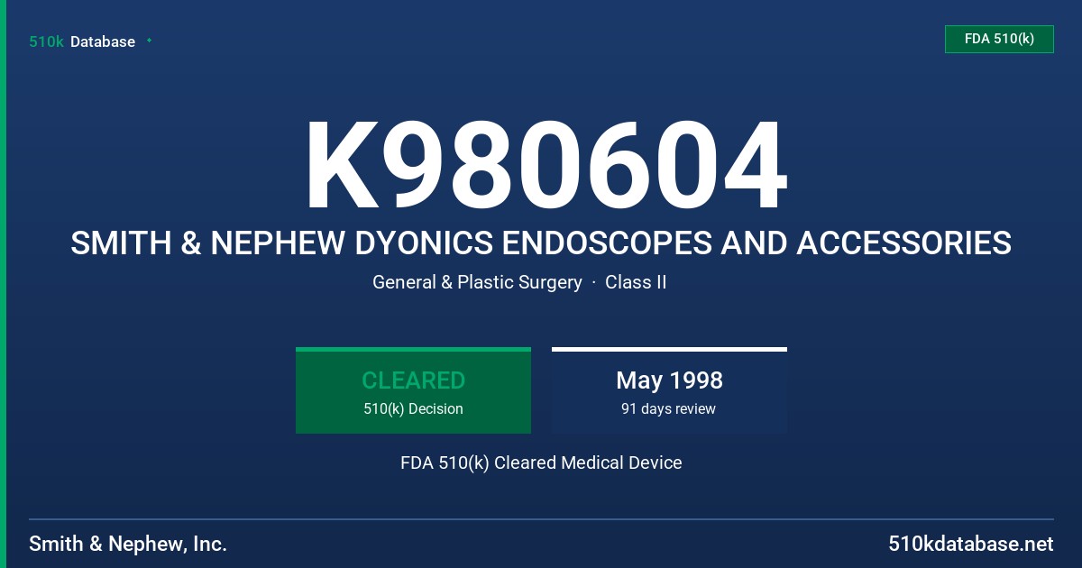 K980604 SMITH & NEPHEW DYONICS ENDOSCOPES AND ACCESSORIES FDA 510(k) Cleared Medical Device