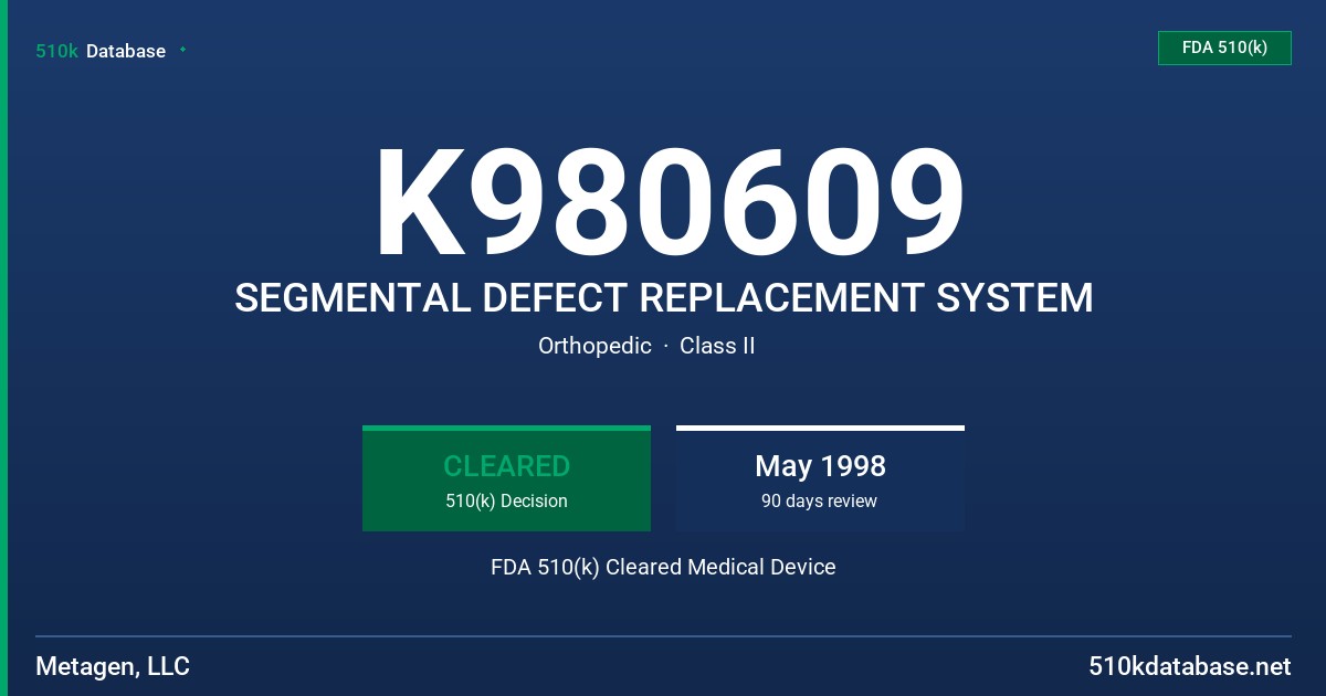 K980609 SEGMENTAL DEFECT REPLACEMENT SYSTEM FDA 510(k) Cleared Medical Device