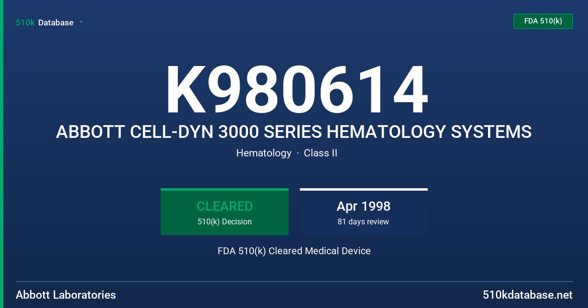 K980614 ABBOTT CELL-DYN 3000 SERIES HEMATOLOGY SYSTEMS FDA 510(k) Cleared Medical Device