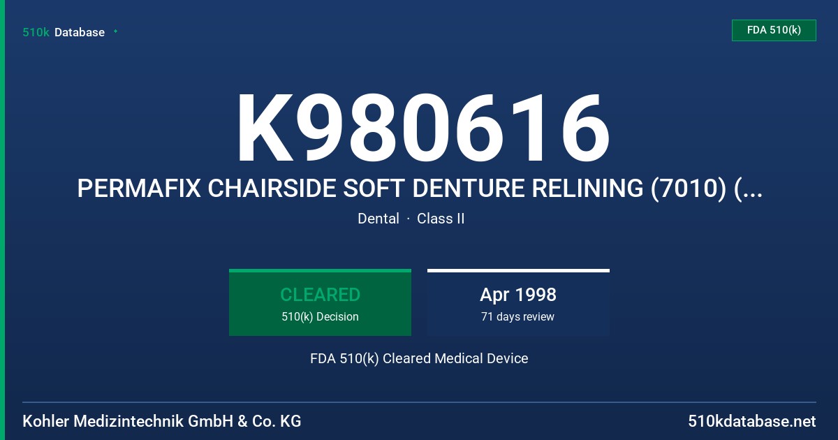 K980616 PERMAFIX CHAIRSIDE SOFT DENTURE RELINING (7010) (7011-13) (7014-15) FDA 510(k) Cleared Medical Device