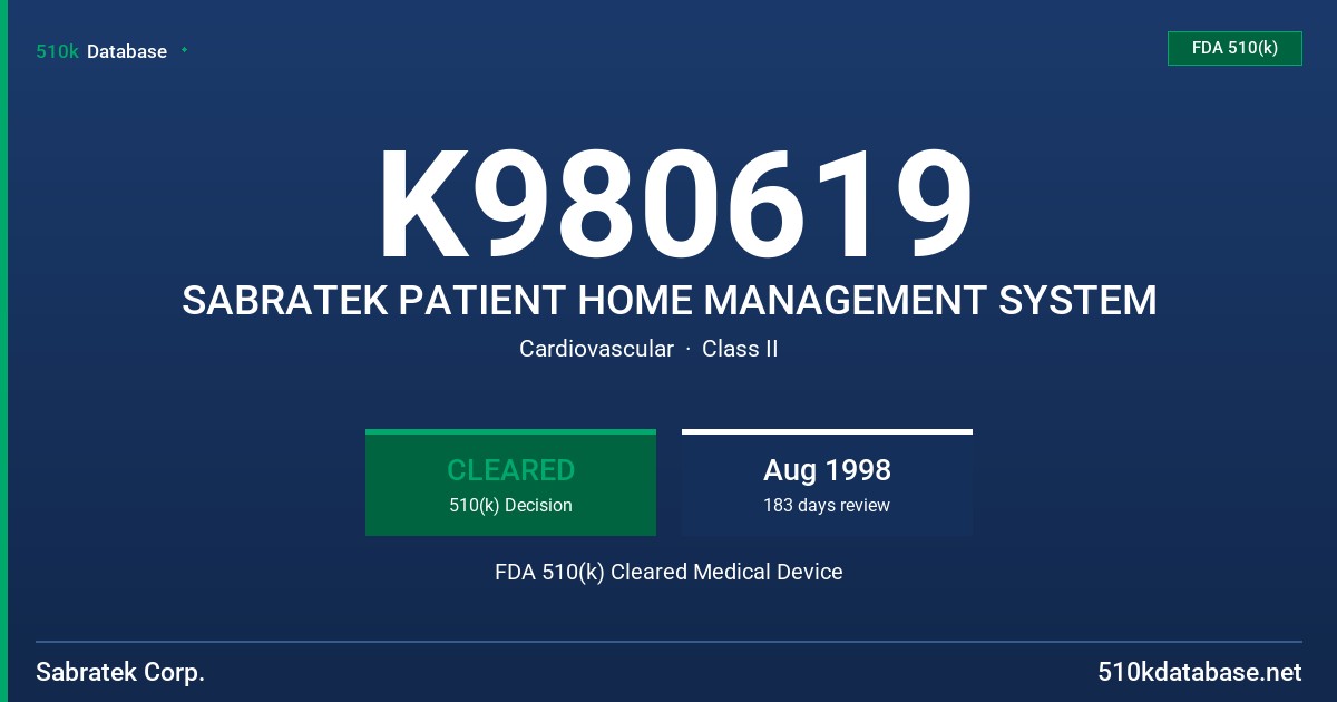 K980619 SABRATEK PATIENT HOME MANAGEMENT SYSTEM FDA 510(k) Cleared Medical Device