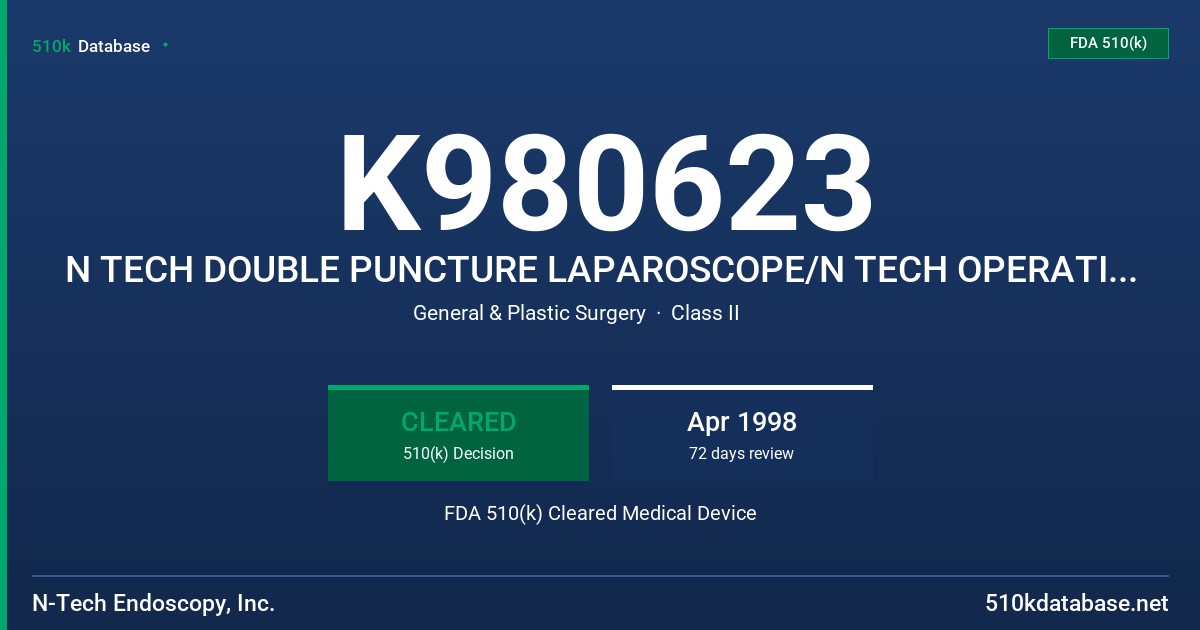 K980623 N TECH DOUBLE PUNCTURE LAPAROSCOPE/N TECH OPERATING LAPAROSCOPE FDA 510(k) Cleared Medical Device